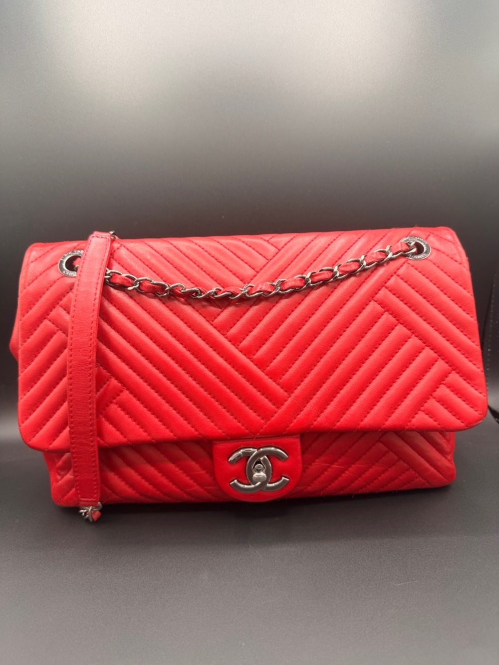 CHANEL Jumbo Cross Chevron Flap Bag Red Lambskin Ruthenium Hardware Authentic